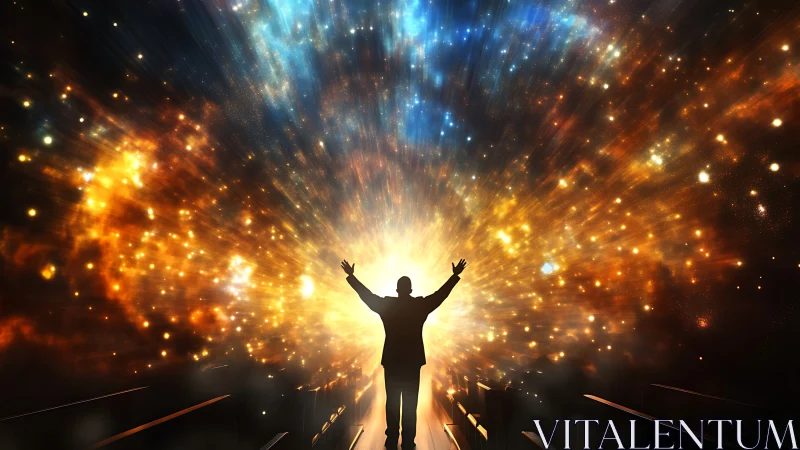 Stargazing dreamer stands open-armed in a cosmic sunrise glow