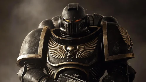 Stoic armored space warrior stands ready in golden-trimmed plate