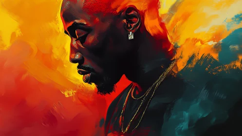 Firelit portrait of a pensive man in molten color storm.