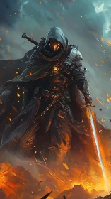 Hooded fire warrior with glowing blade amid burning embers.