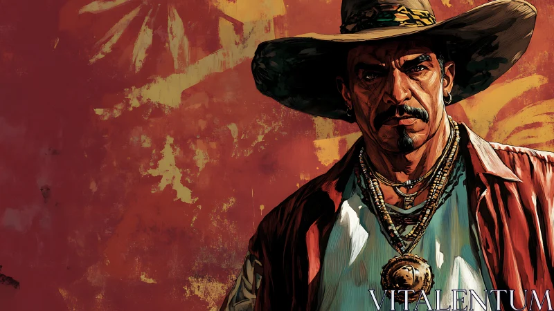 Sunlit outlaw in rugged hat stares with unflinching resolve.