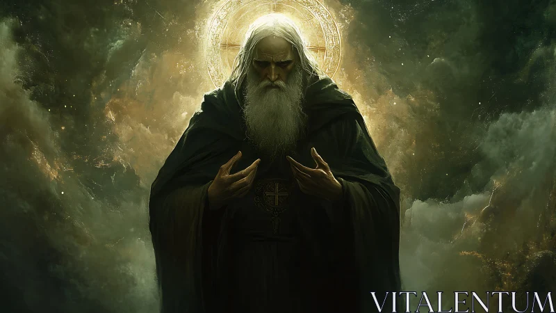 Ancient celestial sage stands within radiant golden halo