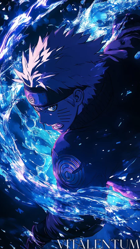 Dynamic cel-shaded ninja portrait with luminous blue energy flow