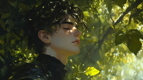 Sun-dappled dreamer resting in a hush of wild green woods.