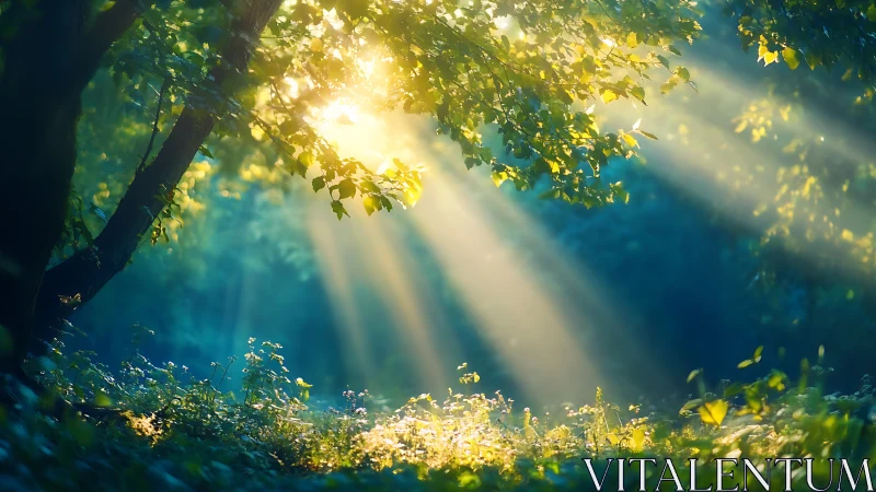 Sunbeams Filtering Through Lush Green Forest in Morning Light.