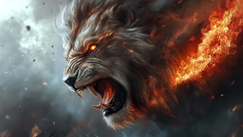 Fiery spirit lion roaring with blazing, unstoppable power.