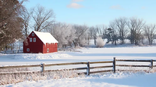 Red barn stands in a snow-covered rural landscape