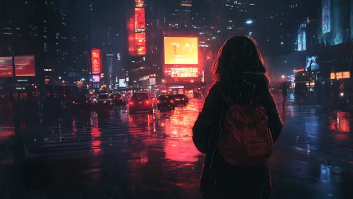 Backlit pedestrian studies neon-lit rainy intersection reflections
