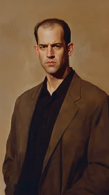 Oil portrait of stern man in brown jacket, neutral ground.
