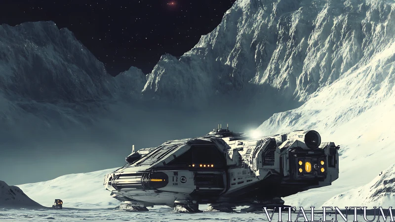 Starship lands on frozen moon amid towering ice cliffs.