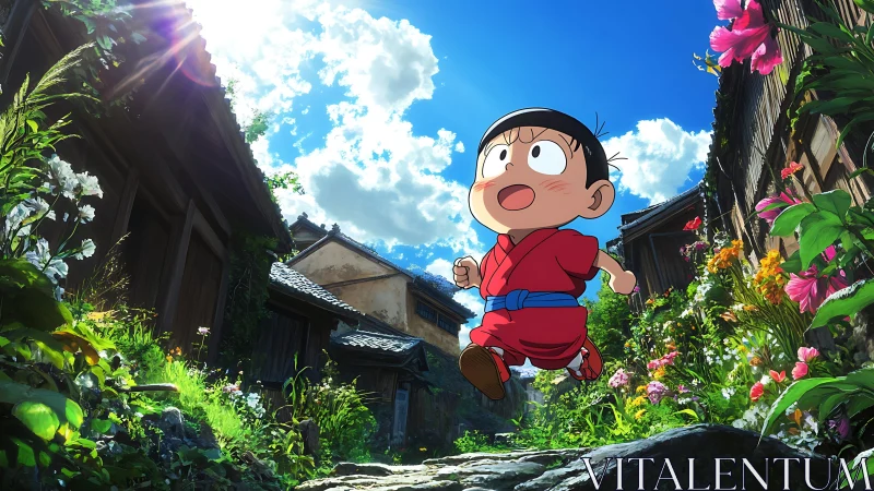 Anime boy running through sunlit village path with flowers.