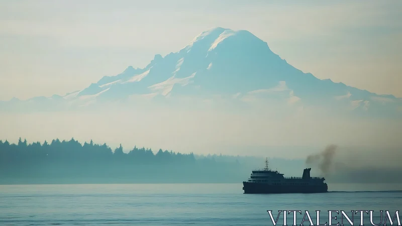 Ferry crosses calm water beneath distant snowy mountain