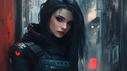 Cyberpunk recon operative in matte armor on neon alleyway