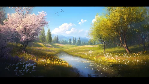 Springlit river meadow under blossom-laden, whispering trees.