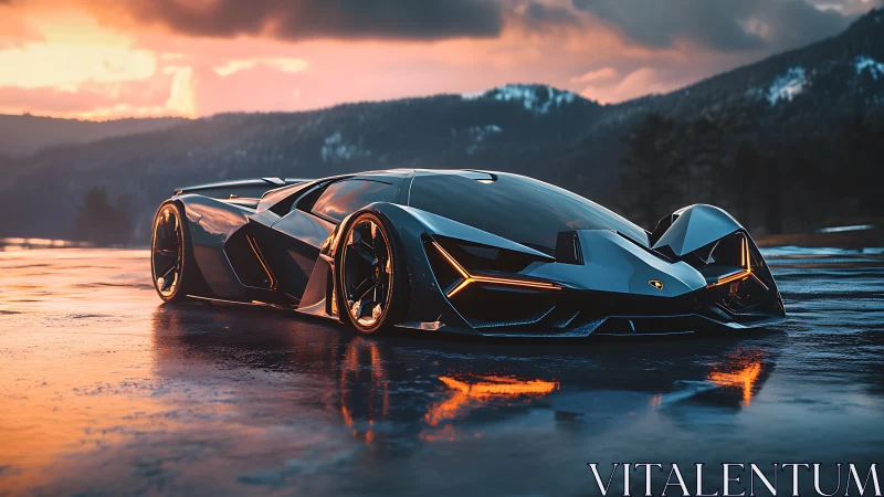 Futuristic hypercar glows on a wet mountain runway at dusk.