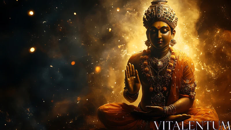 Digital painting of radiant seated deity in cosmic aura.