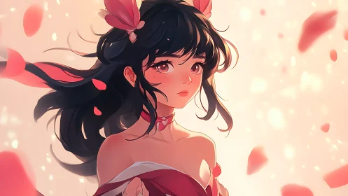 Soft-lit anime girl among drifting petals gazes wistfully