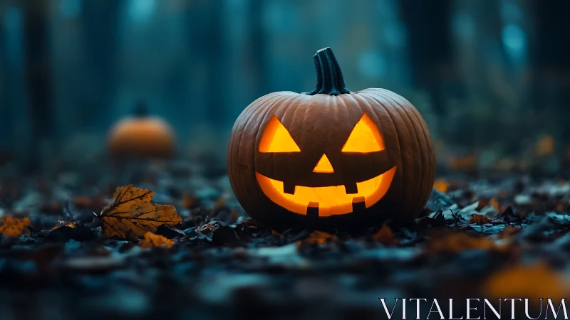 Jack-o-lantern glows on forest floor in moody blue haze.