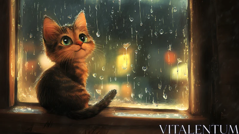 Ginger Tabby Cat Observing Rain Through Warmly-Lit Window at Night