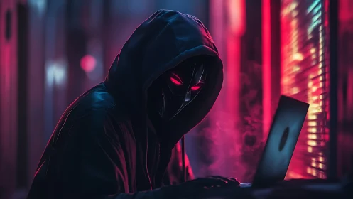 Hooded masked figure using laptop in neon corridor at night.