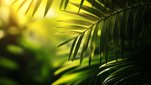 Sunlit jungle fronds whispering in painterly green hush.