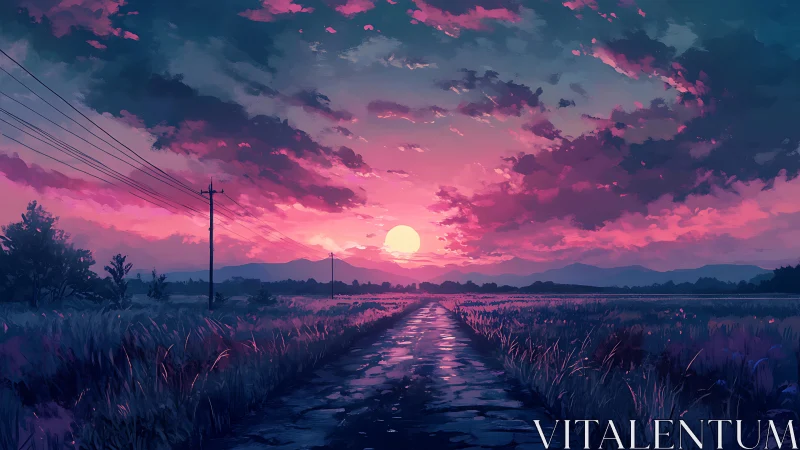 Neon sunset road cuts through violet fields toward horizon