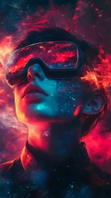 Cyberpunk portrait with neon visor and volatile light gradients.