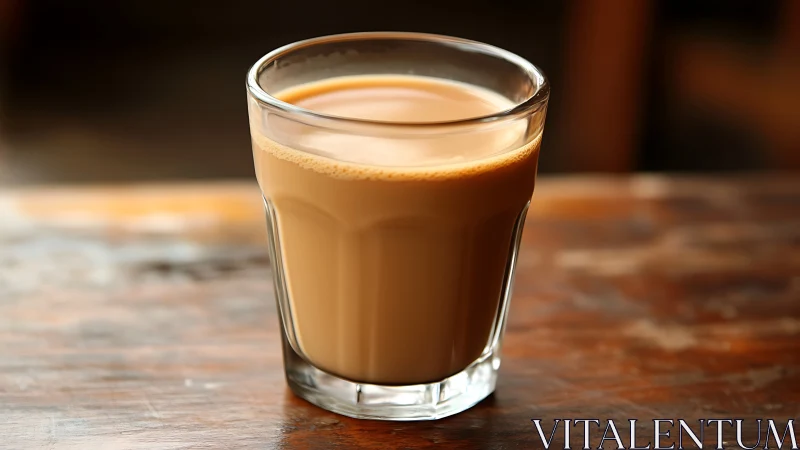 Masala chai glass rests on rustic wooden caf&eacute; table.