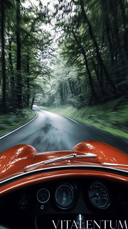 Kinetic cockpit perspective of vintage roadster on wet forest road.