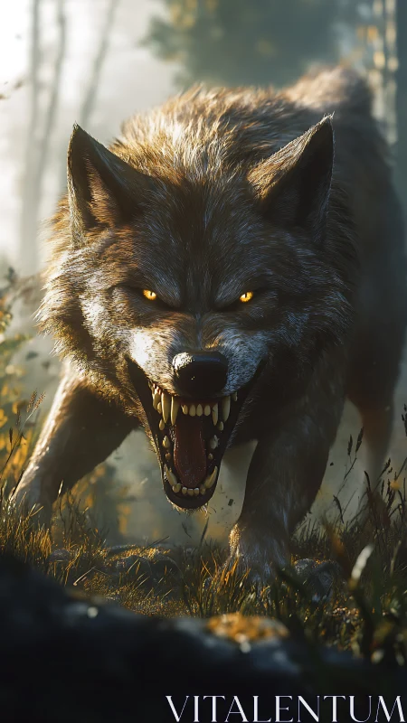 Snarling wolf in forest under directional backlighting.