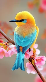Vivid yellow and blue songbird perched on pink blossoms.