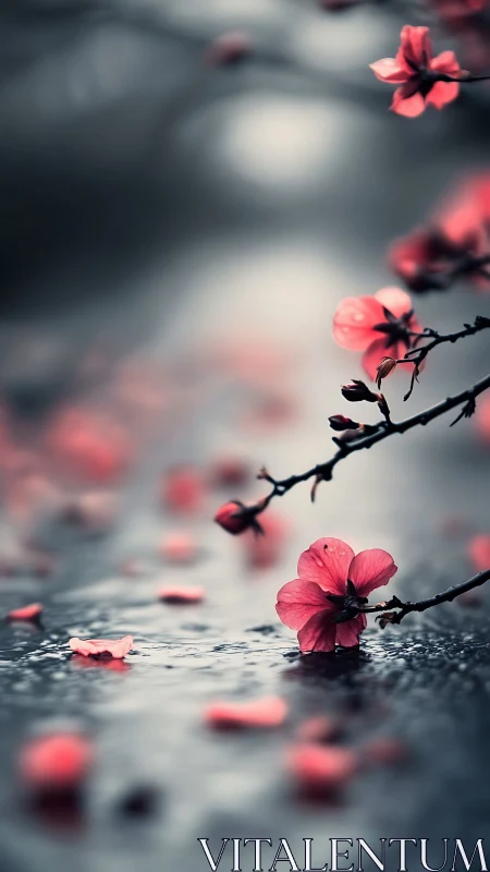 Pink flowers on wet surface with selective focus and blurred background.