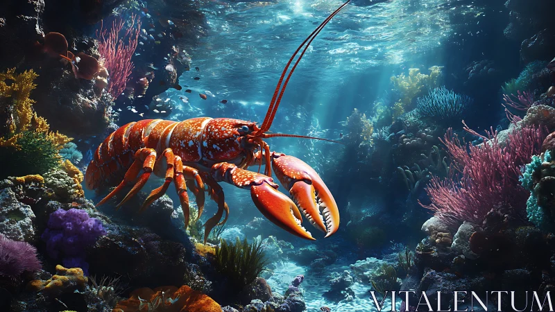 Bold red lobster explores a colorful coral kingdom underwater