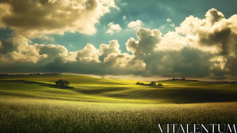 Sunlit green hills under dramatic stormlit sky.