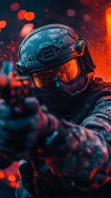 Tactical operator aiming weapon in red-lit environment.