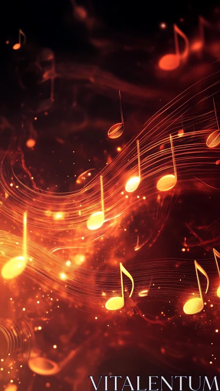 Glowing musical notes form curved light trails on dark background