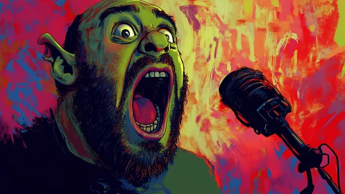 Digital scream portrait against vivid abstract backdrop.