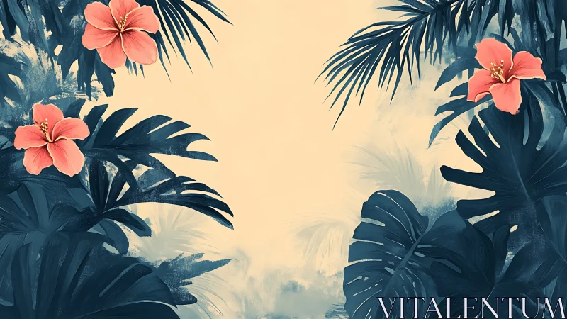 Tropical Hibiscus Blooms Framed by Deep Teal Foliage