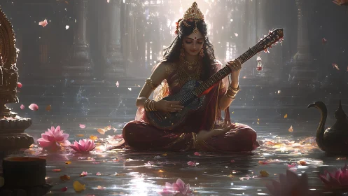 Divine musician goddess plays sitar in radiant temple pool