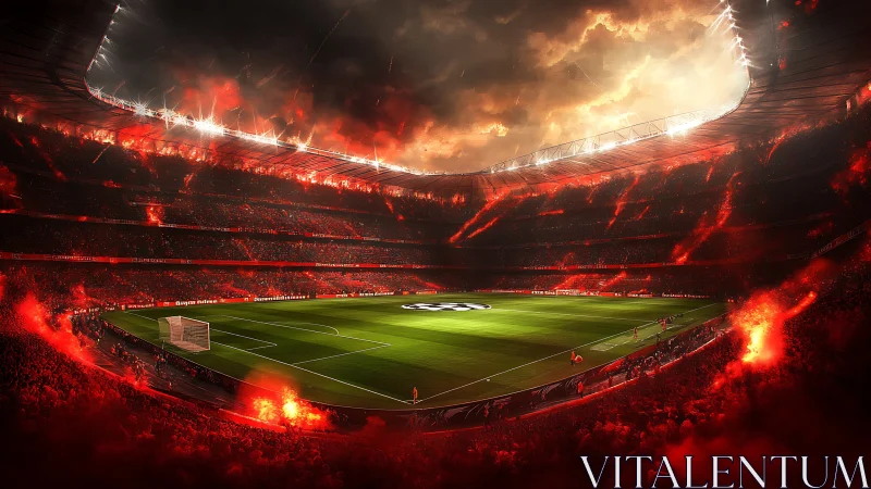 Fiery football stadium with glowing pitch under stormy sky.