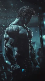 Muscular male silhouette holding dumbbell in moody blue gym.