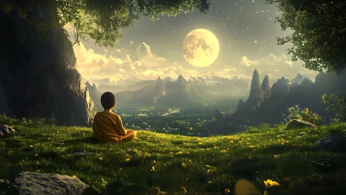 Child gazing at a glowing full moon over a peaceful valley.