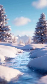 Snow pillows cradle a crystal creek under cotton skies