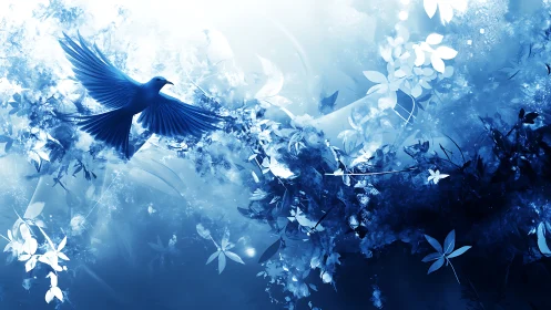 Blue songbird ascends through abstract luminous foliage field
