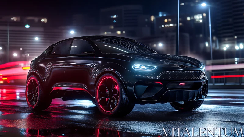 Black crossover concept car on wet neon city street at night.