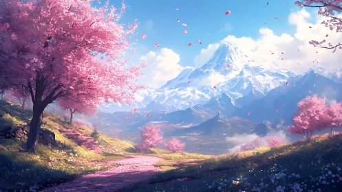 Procedural cherry blossom valley with atmospheric alpine massif.