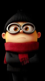 Cartoon winter character stands centered against black background