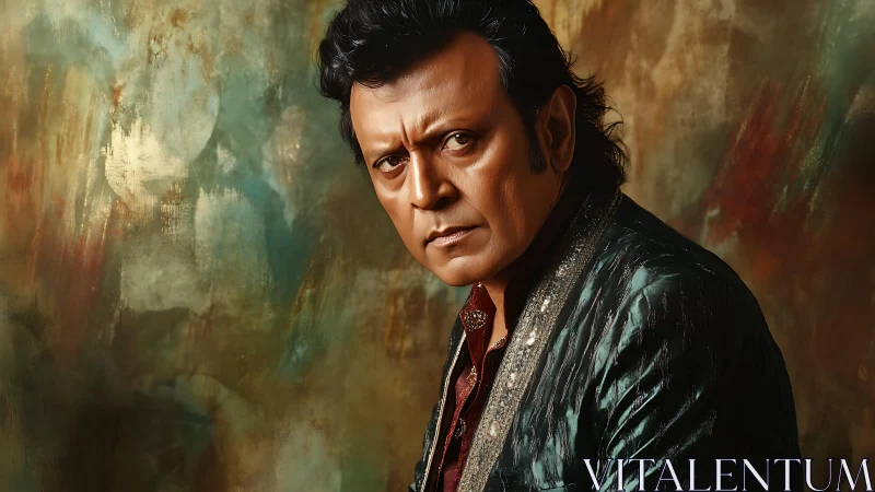 Middle aged man in embroidered jacket against abstract backdrop.