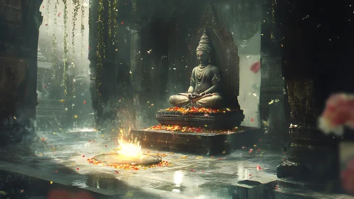 Serene stone Buddha watches fire ring in misted temple hall