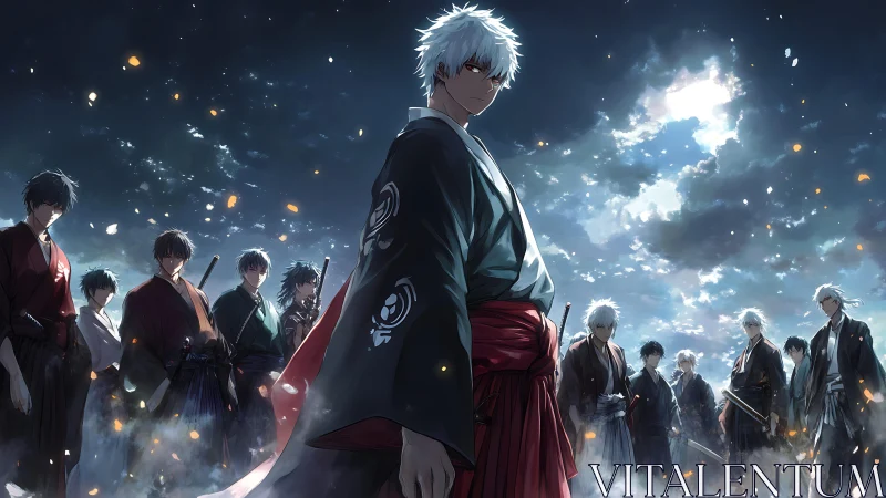 Anime samurai ensemble under stormlit cinematic sky formation.